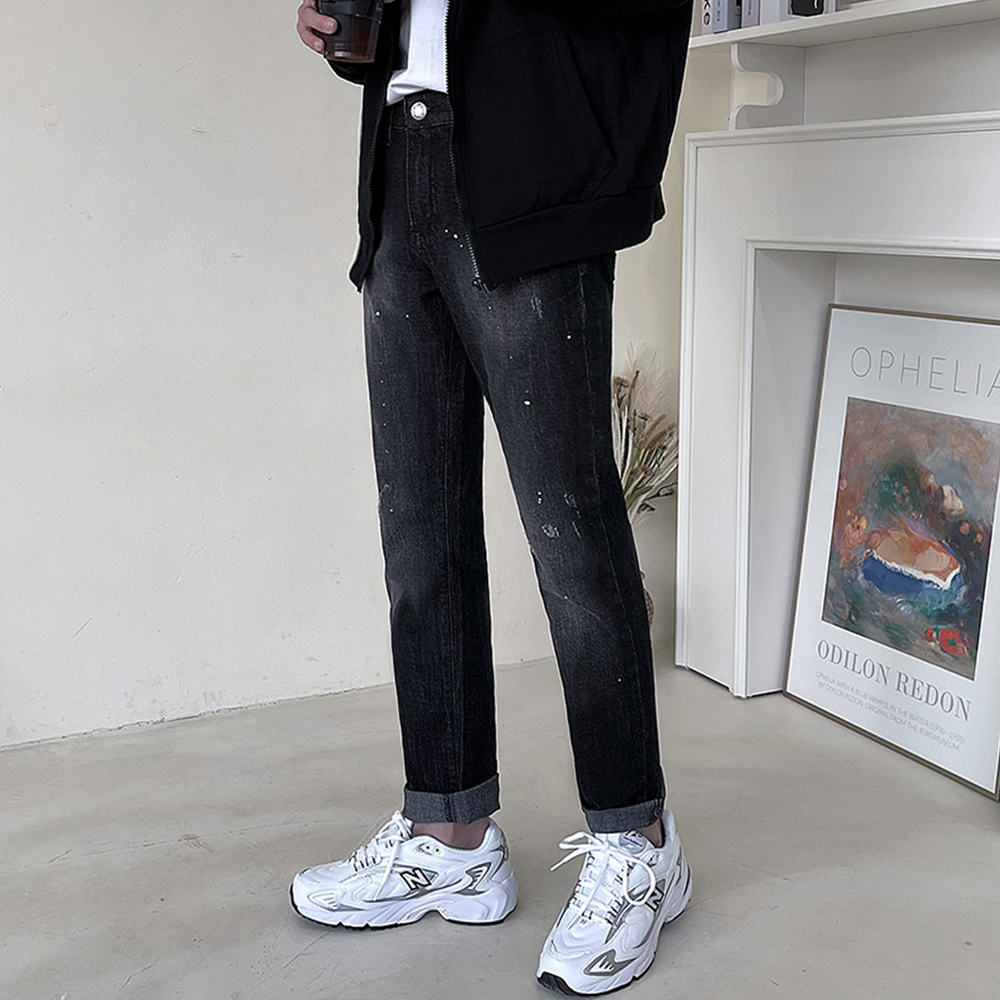 블랙 워싱 페인팅 데님팬츠